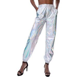 Womens Shiny Metallic Stretchy Pants Club Wear Holographic Trousers Sweat pant
